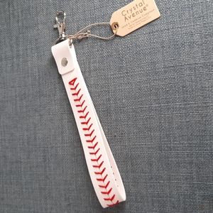 Baseball Keychain Wristlet Strap White Leatherette Red Stitching Sports